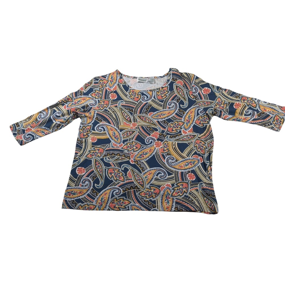 Shenanigans Top Women Large Blue Paisley 3/4 Sleeve Cotton Blend Knit Pullover